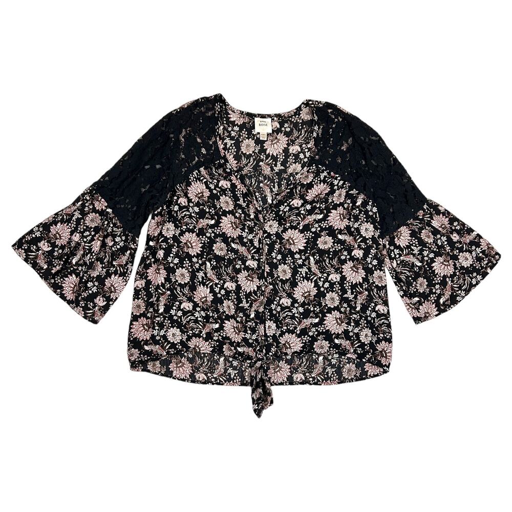 Knox Rose Top Womens Size XXL Floral Button Up Tie Front Boho Peasant Black Pink
